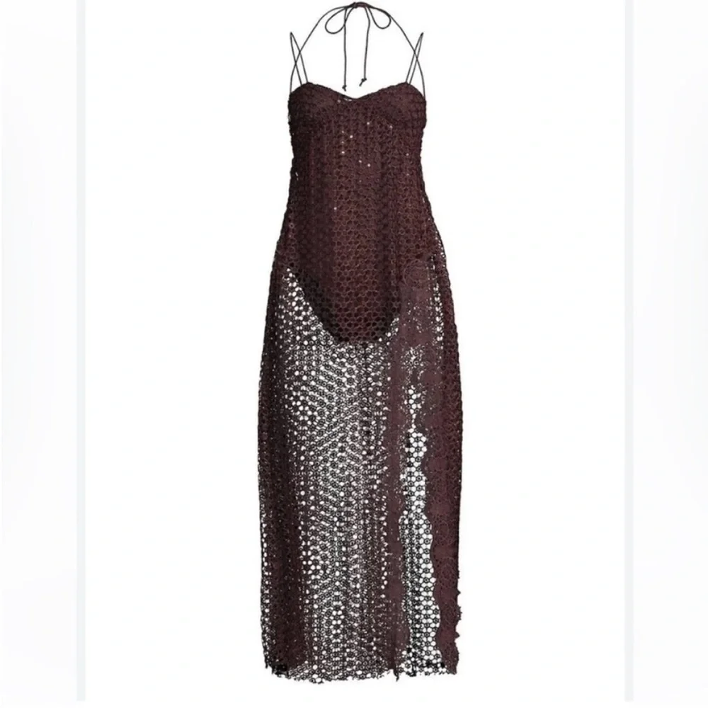 Free People Brown Crochet Asymmetrical Beach Cover Up Dress Boho Resort Small - Picture 5 of 14